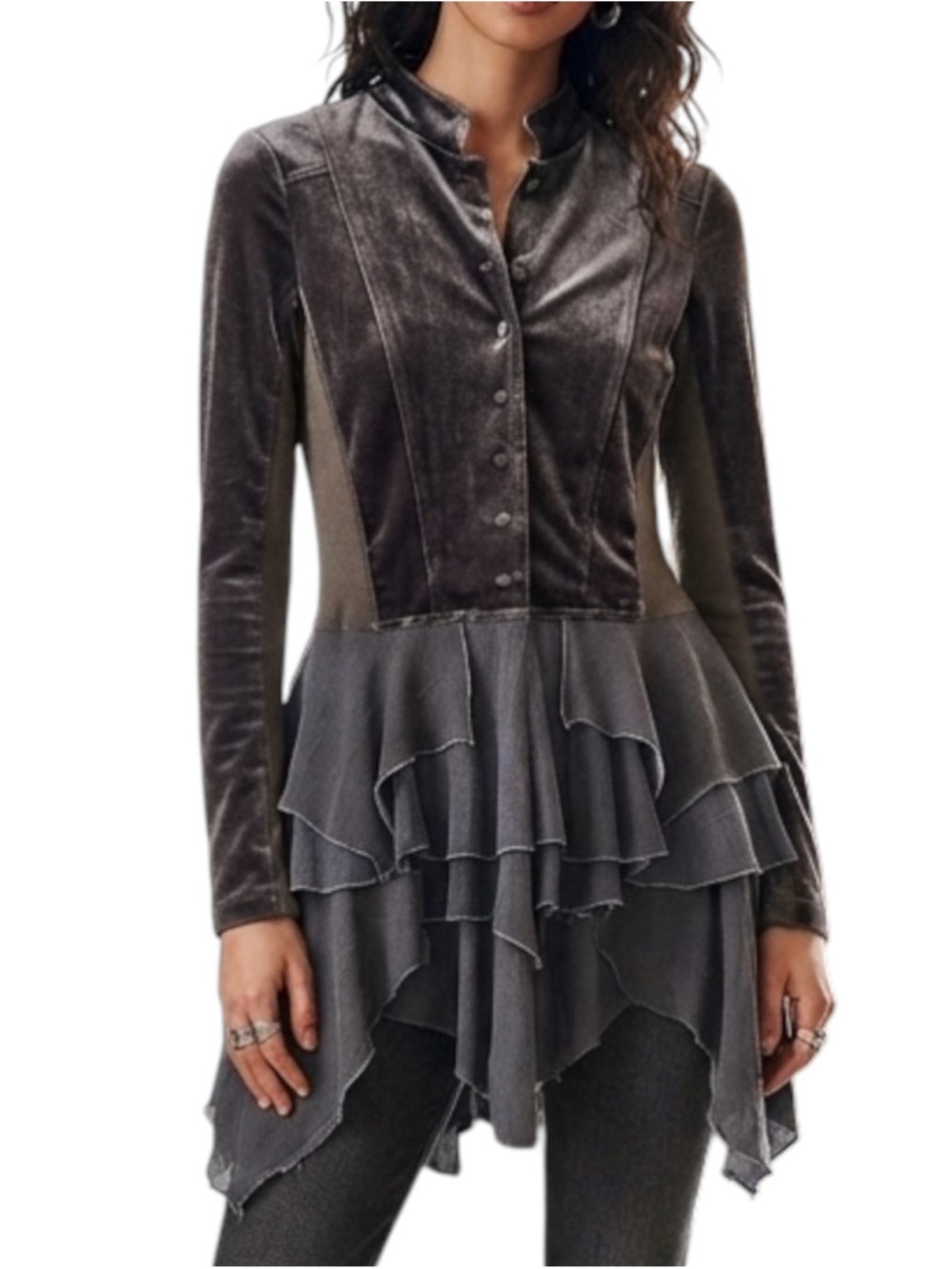 Mystree Military Style Velvet Mixed Media Asymmetrical Hem Jacket Small Ruffles